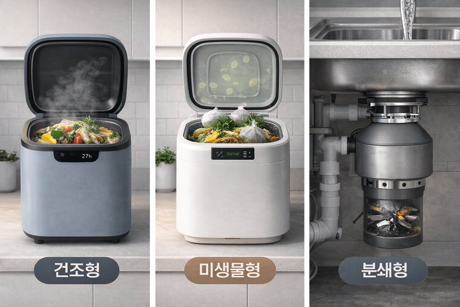 음식물처리기 건조형, 미생물형, 분쇄형 사진