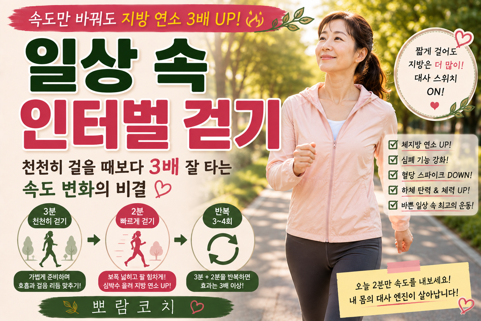 따스한 햇살이 내려앉는 녹음 우거진 길을 활기차고 바른 자세로 신나게 걸어가고 있는 모습