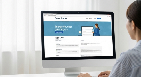 컴퓨터로 에너지바우처 홈페이지 접속하는 모습