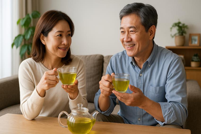 거실에서 녹차를 마시는 부부 모습