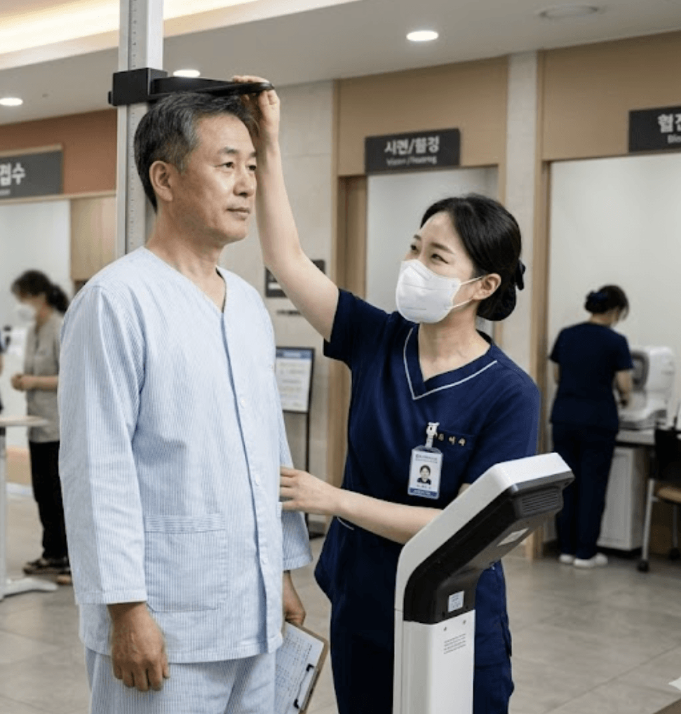 국가 건강검진 대상자인 중년 남성이 건강 검진 센터에서 신체 계측을 하고 있는 모습