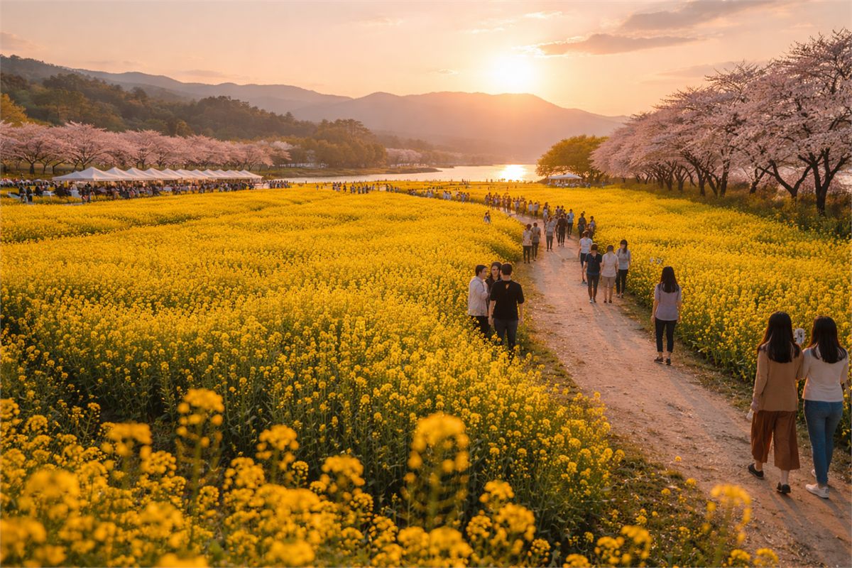 노란 꽃밭과 산책길이 어우러진 봄꽃 축제 풍경 