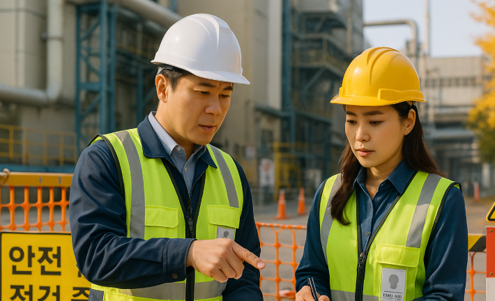 산업현장 안전 점검중인 관리자와 담당자