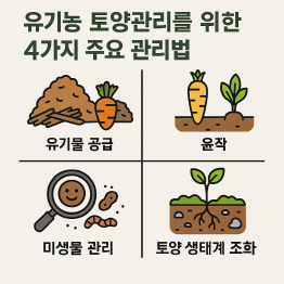 유기물 공급, 윤작, 미생물 관리, 토양 생태계 조화를 중심으로 유기농 토양관리 방법을 설명한 일러스트