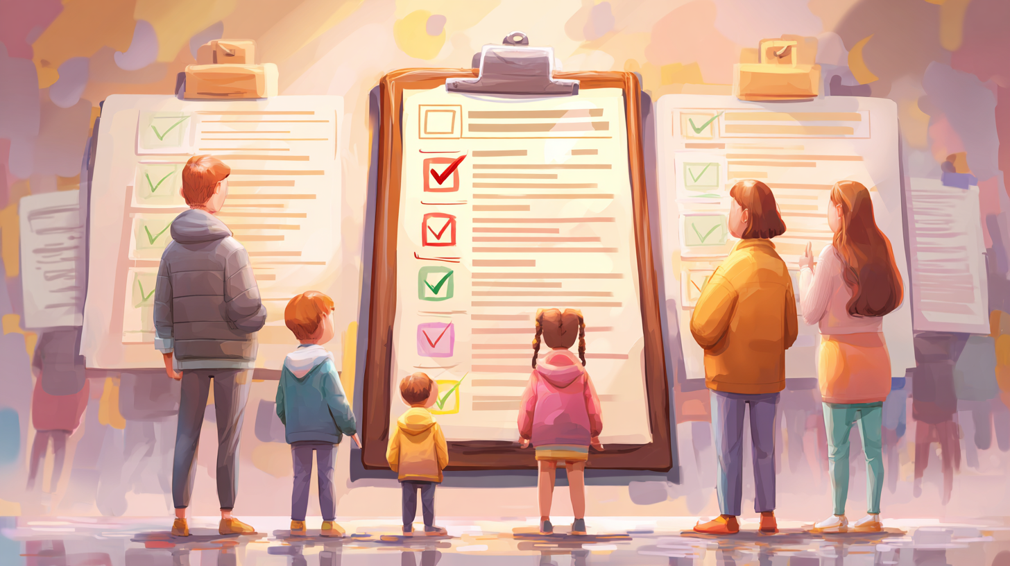 나이, 국적, 거주, 주소 항목 아이콘이 있는 한국 정부 안내 체크리스트 보드, 다양한 한국 아동과 부모 일러스트