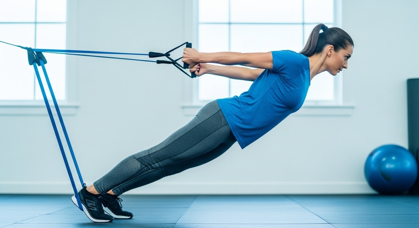 저항 밴드를 이용해 기능성 트레이닝을 하는 사람. 일상생활 근력 강화에 초점을 맞춘 운동 자세를 보여준다.