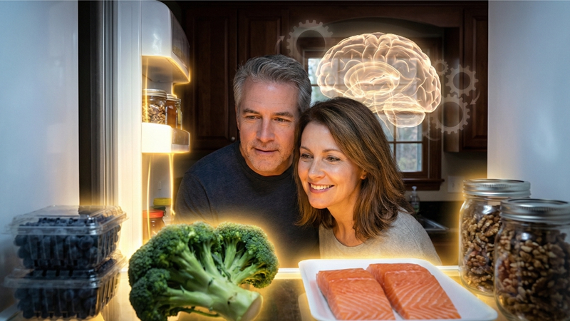 40,50대 부부가 냉장고 문을 열고 치매 예방에 좋은 두뇌 건강 식재료를 발견하며 놀라워하는 모습.