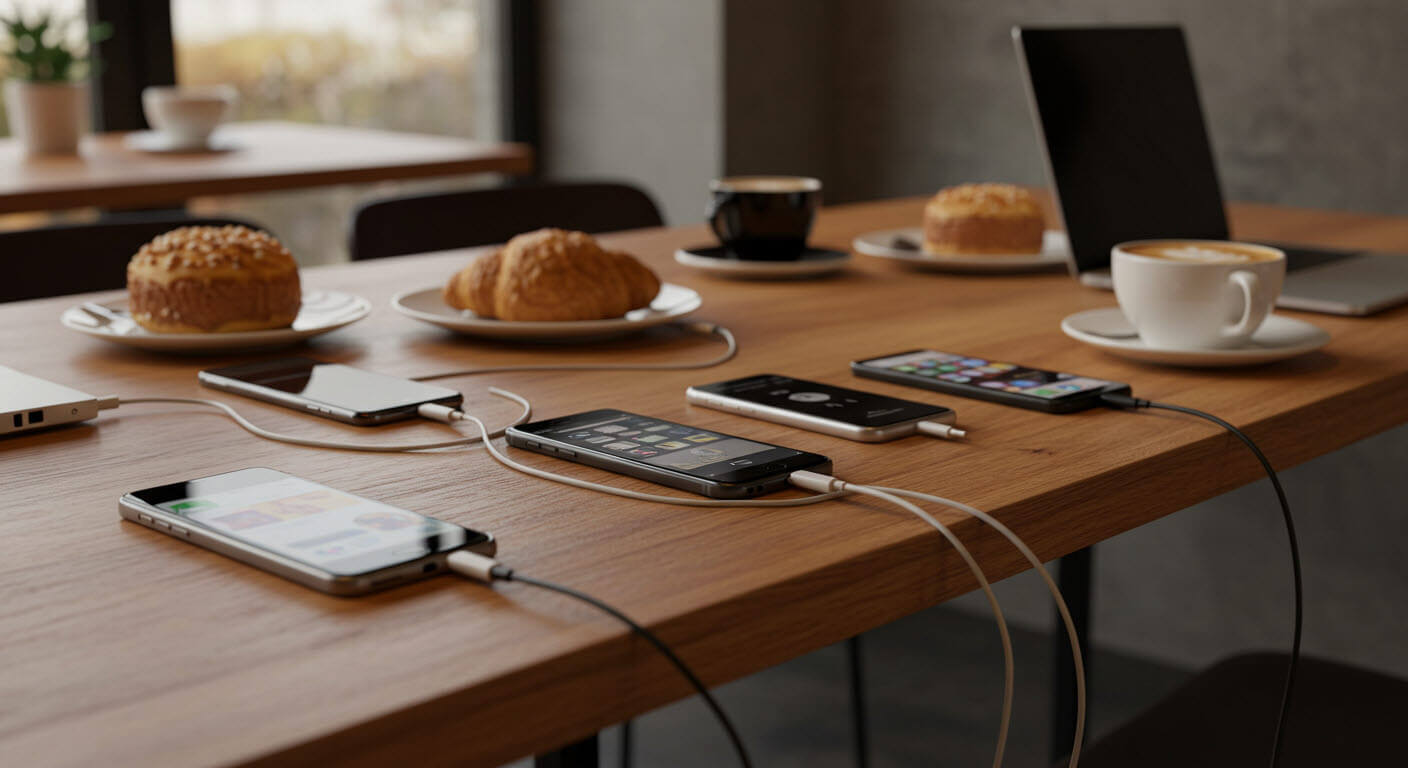 테이블위에 빵과 커피가 있고 여러대의 휴대폰이 충전중인사진
