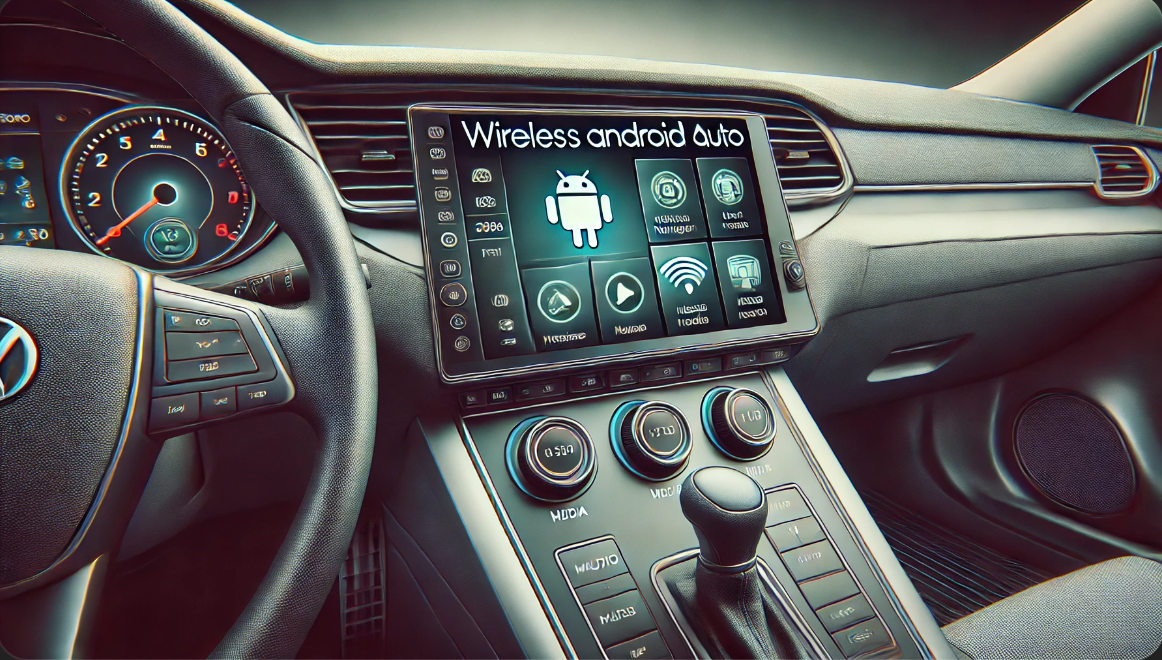 차량 대시보드에 무선 안드로이드 오토 인터페이스가 표시되어 있으며, 내비게이션과 미디어 컨트롤을 강조하는 사실적인 이미지.