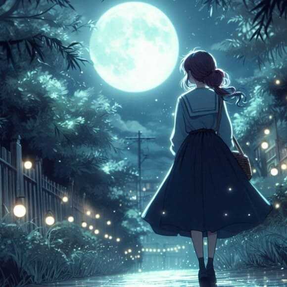 지브리 스타일의 교복을 입은 여성의 뒷모습이 커다란 보름달을 바라보고 있는 이미지