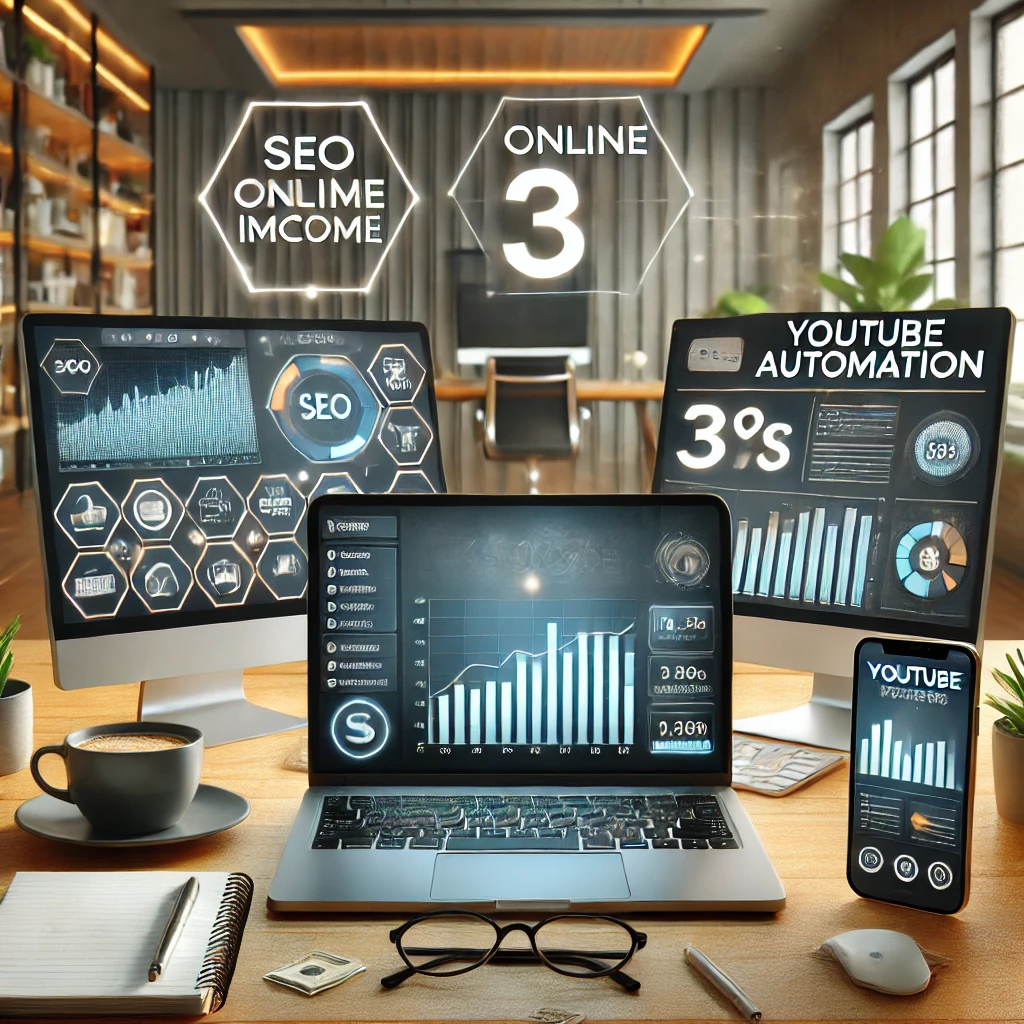 온라인 수익 모델 3가지를 표현한 디지털 작업 공간