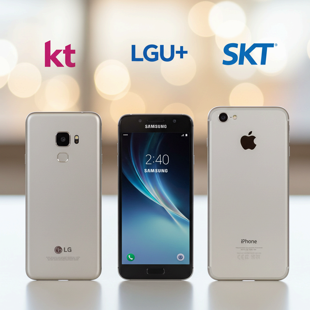단통법 폐지 후 통신사(SKT, KT, LGU+) 경쟁 심화 및 휴대폰 단말기 비교 선택의 중요성을 나타내는 이미지