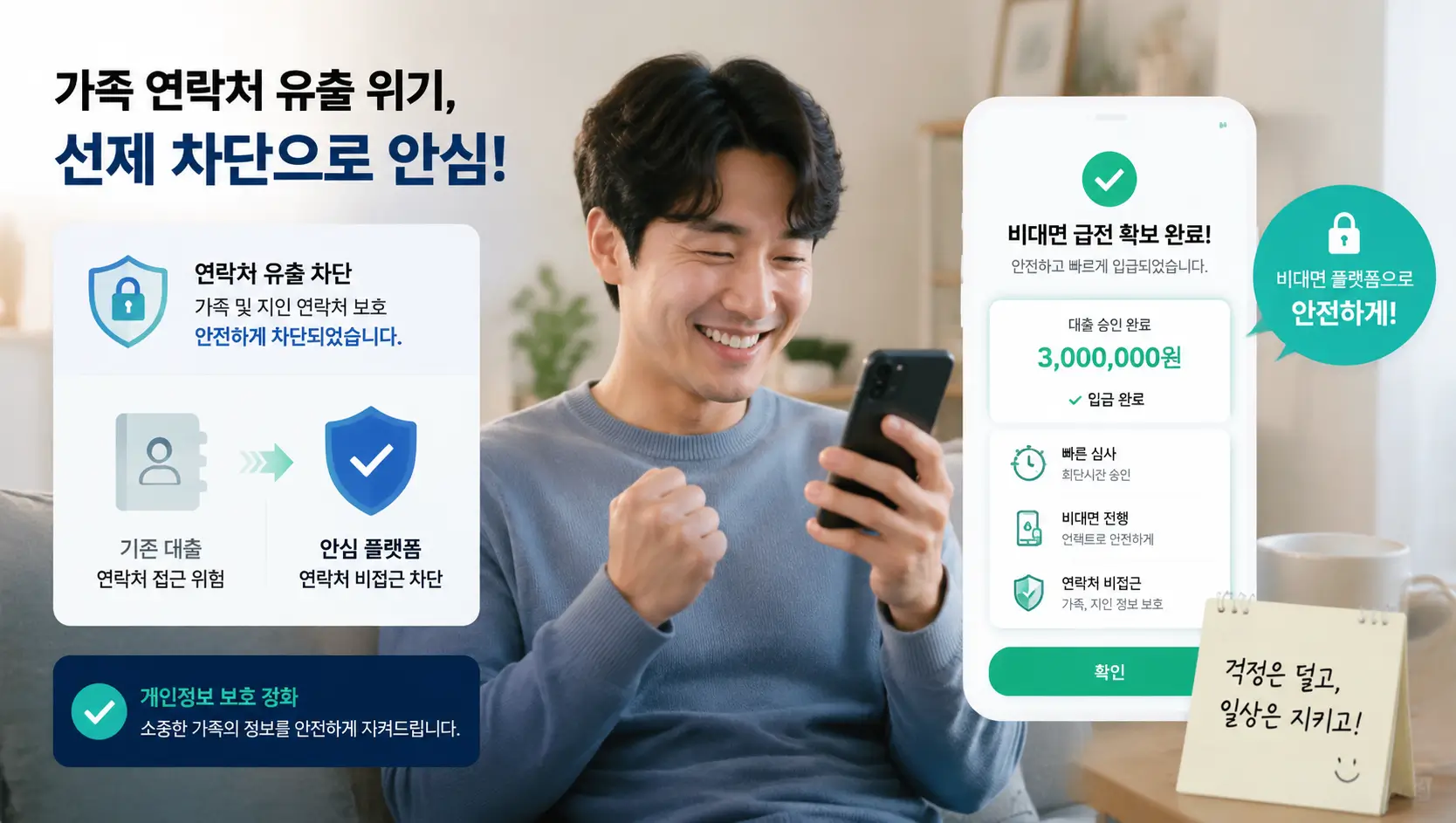 가족 연락처 유출 위기를 선제적으로 차단하고 비대면 플랫폼으로 안전한 급전을 확보하여 안도하는 차주의 모습