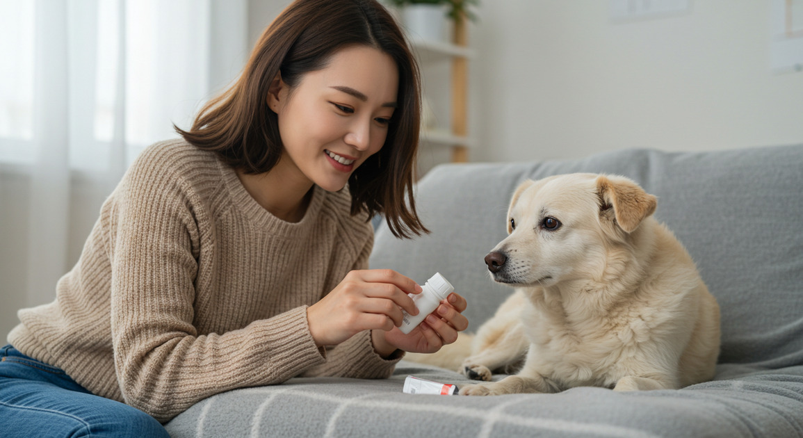 노령견 건강 관리하는 여성 이미지