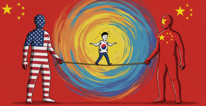 트럼프 관세 정책으로 미국과 중국 사이에서 줄타기를 하는 한국의 모습