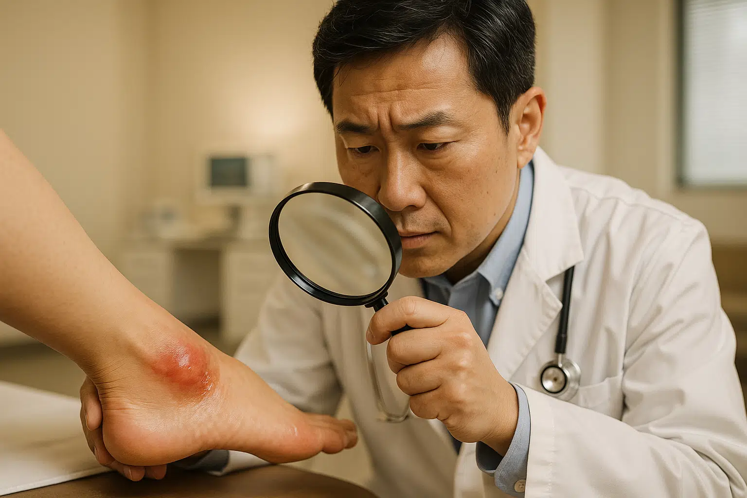 붓고 진물이 나는 복숭아뼈 진찰