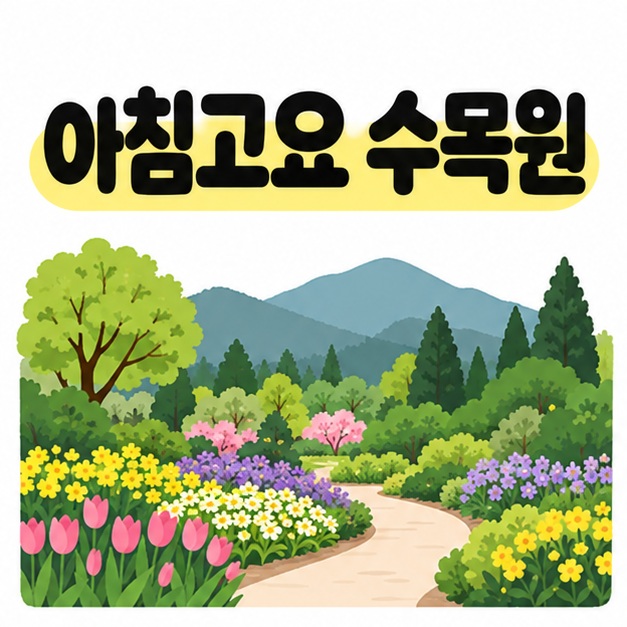 아침고요 수목원 제목과 산을 배경으로 꽃밭과 나무 사이 산책길을 표현한 대표 삽화