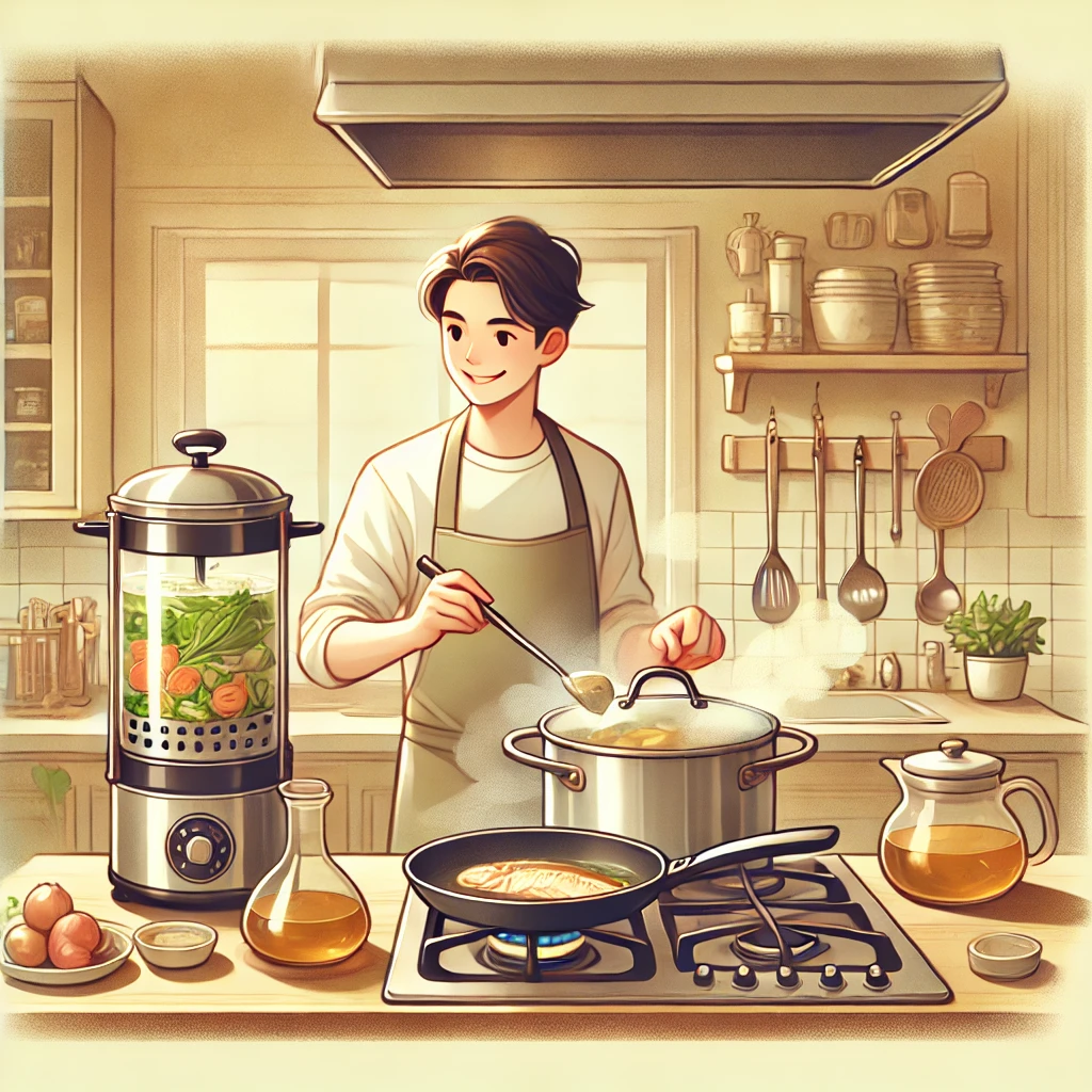 찜기, 유리냄비, 무코팅팬을 이용해 요리하는 남자