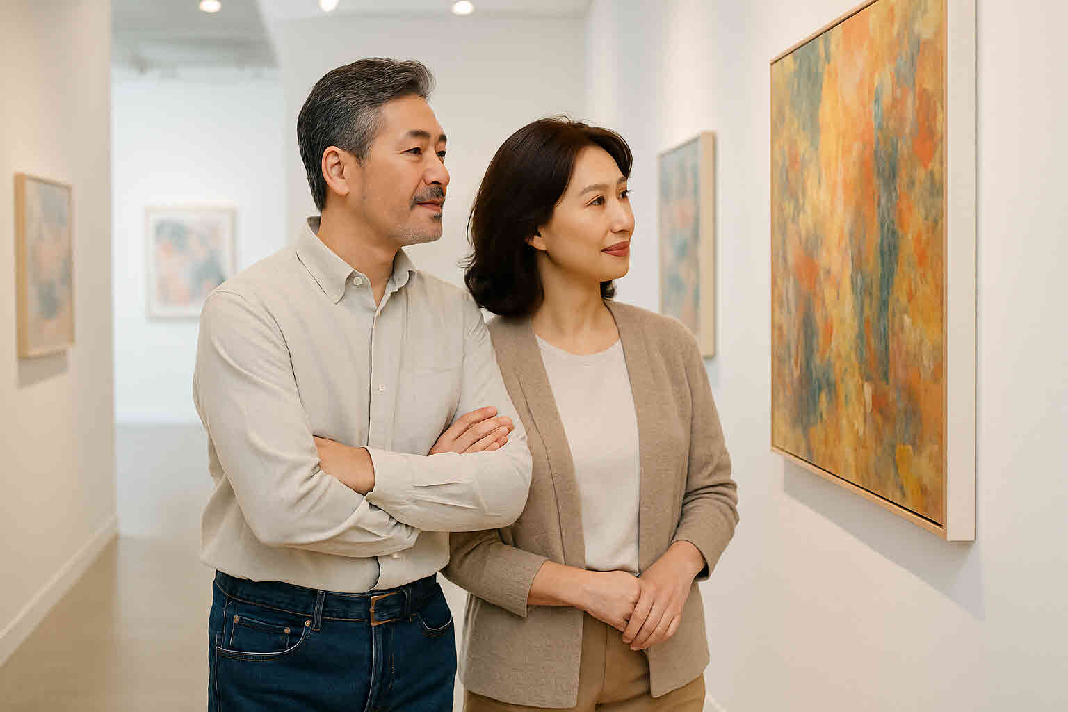 미술관에서 작품을 감상하는 중년 부부