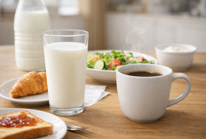아침 식탁 위 우유와 커피가 함께 놓인 모습으로 칼슘 흡수에 영향을 주는 식사 조합 예시