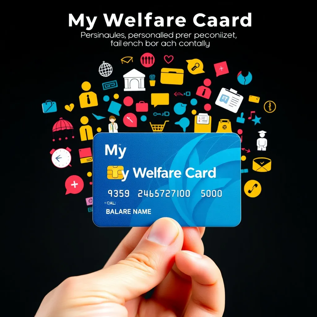 손에 들려있는 가상의 신용카드 형태로, 카드 전면에는 '나만의 복지 카드'라는 문구와 함께 개인의 이름(가상), 복지 포인트 잔액이 표시되어 있습니다. 카드의 배경은 사용자 맞춤형 서비스를 의미하는 다양한 아이콘(사람 아이콘, 쇼핑카트, 의료 마크 등)이 어우러진 디자인입니다.