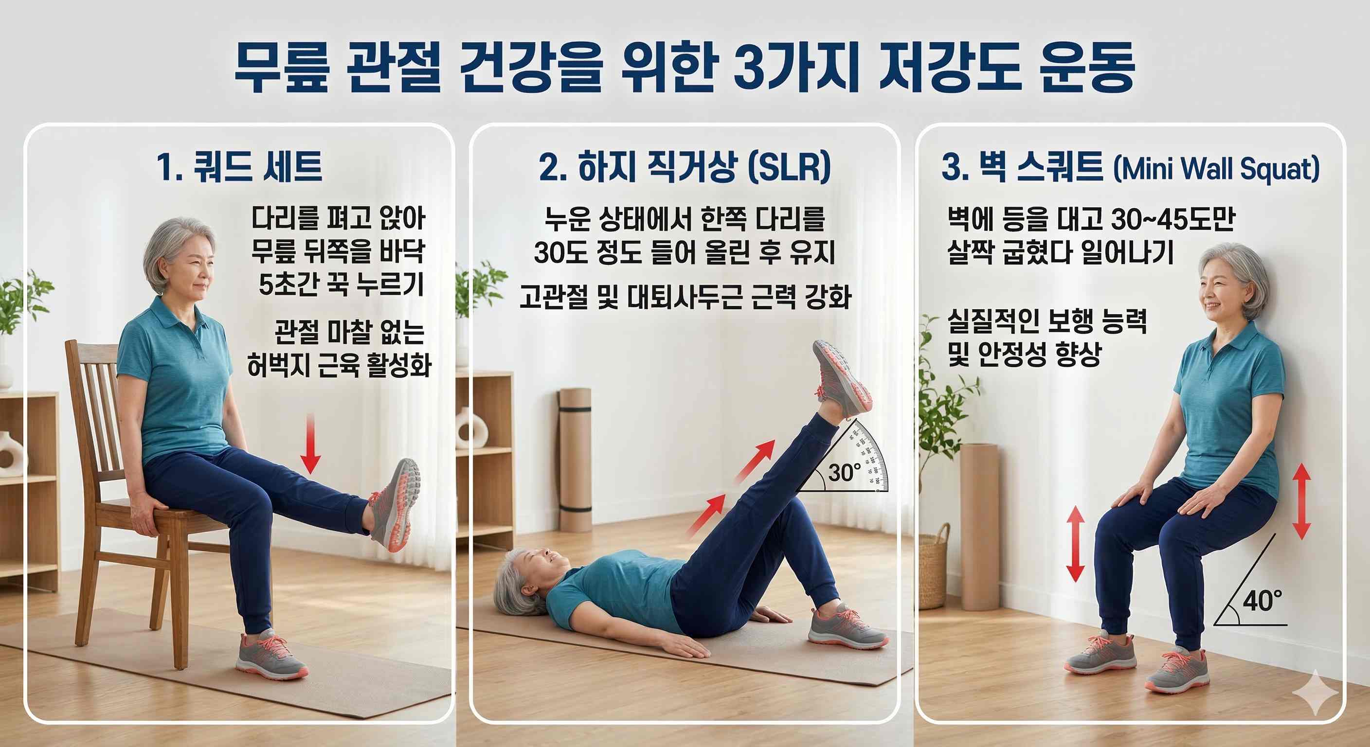 무릎관절 건강을 위한 저강도 운동_쿼트세트_하지 직거상_벽 스쿼트 소개