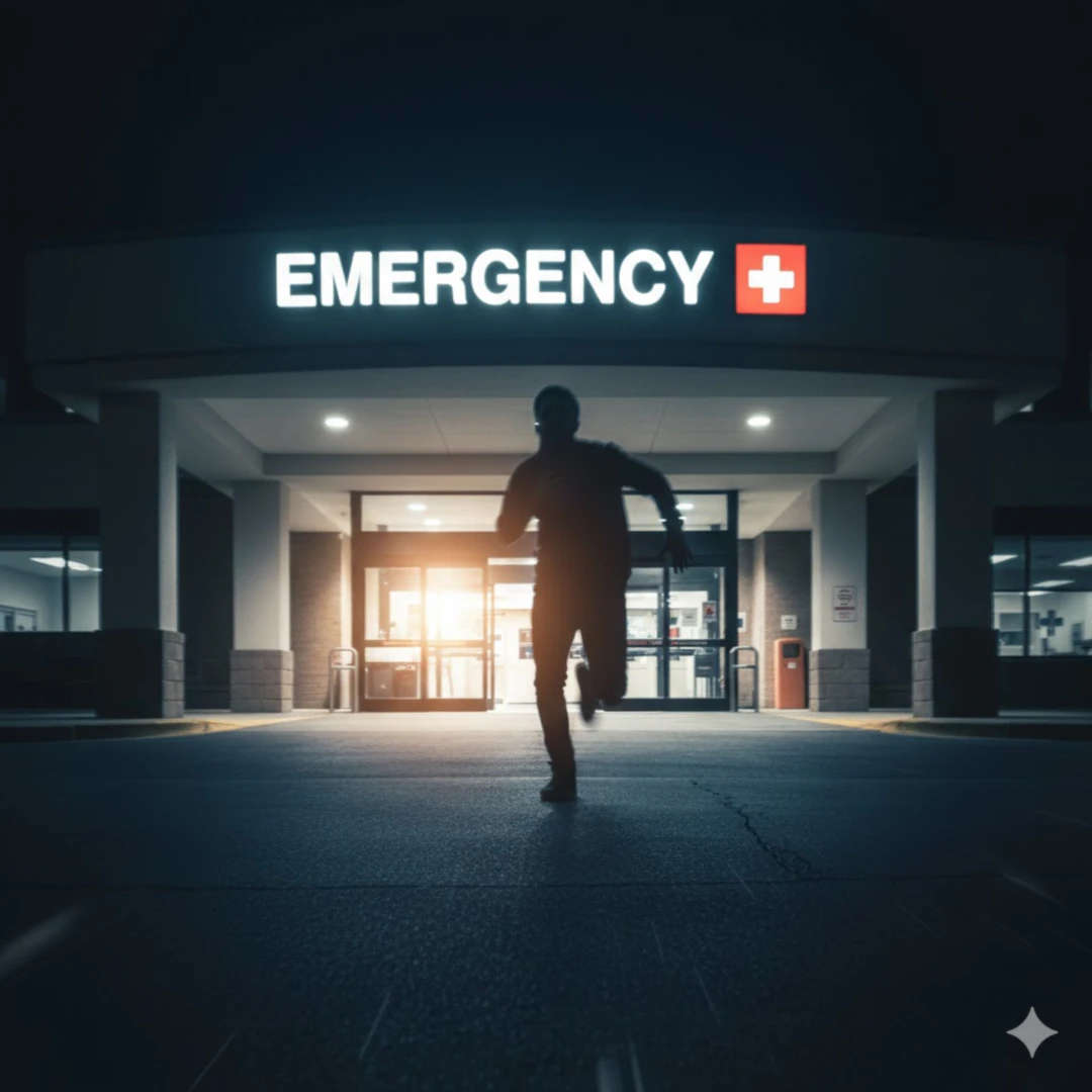 병원 응급실 입구(또는 병원 건물의 일부)를 배경으로, 다급하게 병원으로 향하는 사람의 실루엣이 보입니다. 빠르게 움직이는 듯한 동적인 효과를 주어 신속성을 나타냅니다. 배경의 병원 간판이나 상징물이 명확하게 보이도록 합니다.