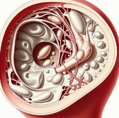 귀의 단면도를 보여주는 의학 일러스트레이션. 내이의 반고리관과 전정기관이 확대되어 있고, 작은 결정체 모양의 이석들이 떠다니는 모습이 표현되어 있습니다.