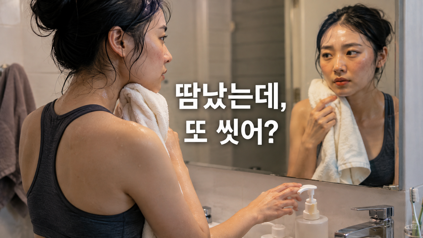 세안 뒤 붉음과 통증이 심해져 거울로 피부 상태를 확인하는 모습