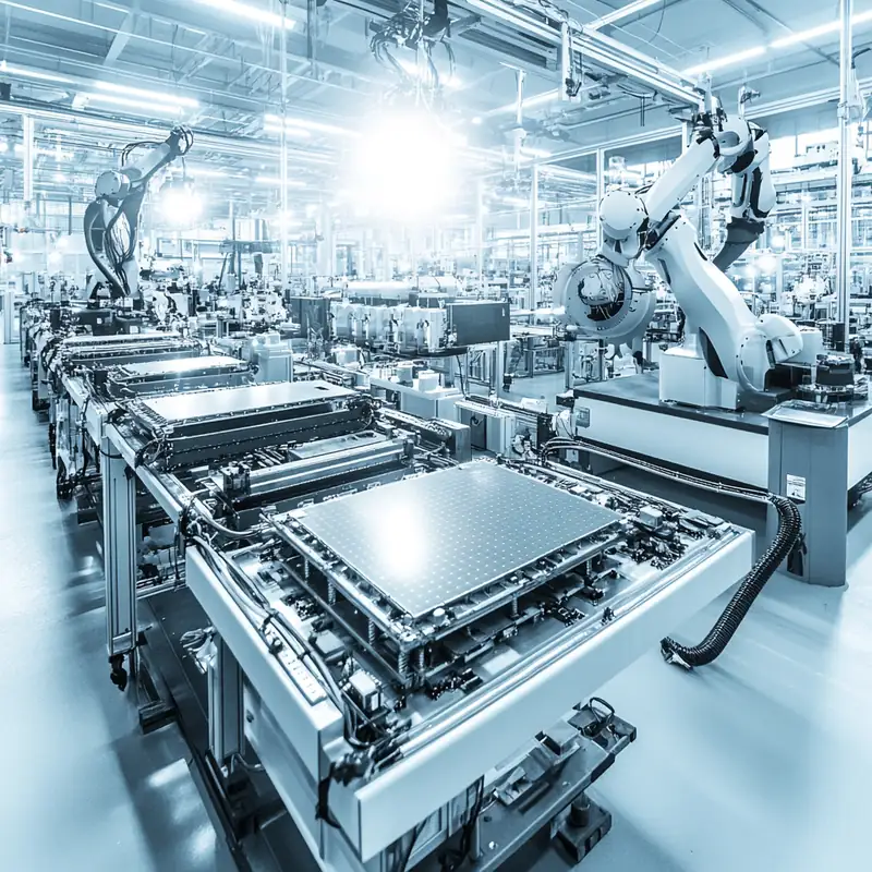 최첨단 로봇이 고성능 반도체를 조립하는 첨단 공장, 혁신과 정밀함을 중시하는 반도체 산업의 미래 전략을 표현. 밝고 깨끗한 환경이 반도체 제조의 효율성을 보여줌.