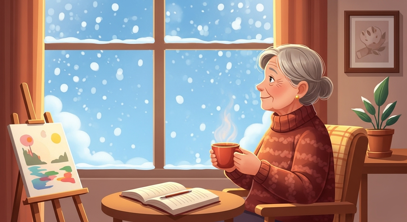 창밖의 눈을 바라보며 따뜻한 차를 마시는 노년층 인물, 은퇴 후 삶의 평화로움과 새로운 취미를 암시합니다.