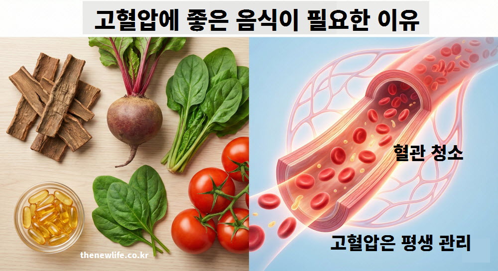 침묵의 살인자로 불리는 혈압 관리를 위해 식탁 메뉴를 고혈압에 좋은 음식의 필요 이유를 설명하는 이미지