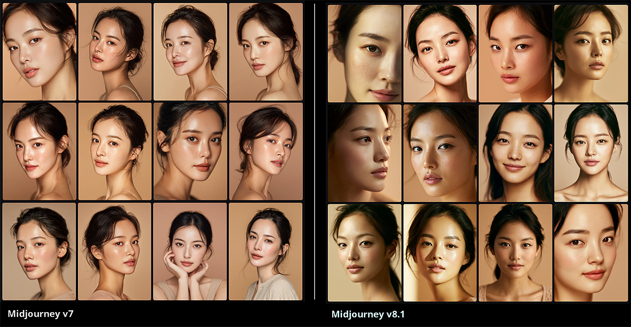 동일 프롬프트로 생성한 미드저니 V7과 V8.1 뷰티 포트레이트 비교 이미지_Midjourney