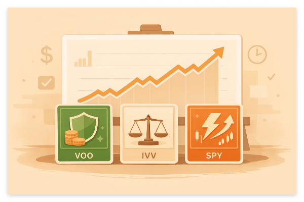 S&P500 ETF 비교를 상징하는 3개의 투자 카드와 우상향 차트 일러스트
