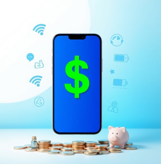 알뜰폰으로 변경하여 통신비 절약 의미로, 동전들이 쌓여있고, 돼지저금통이 있습니다.