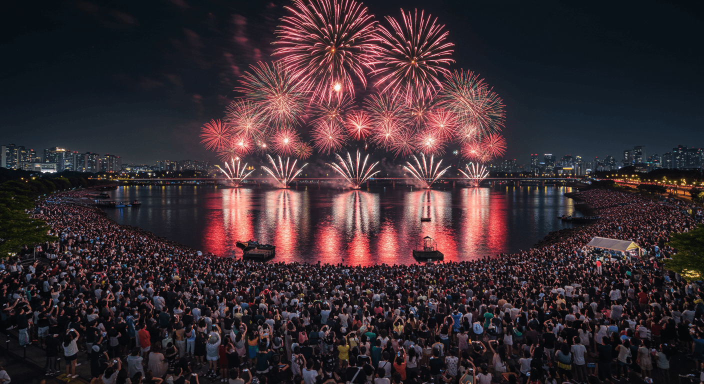 많은 인파가 모여 불꽃이 터지는 장면을 사진 찍는 모습 1