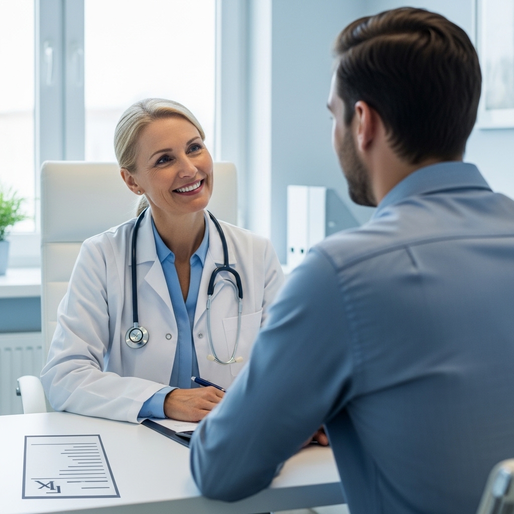 의사가 환자에게 디에타민 처방과 체중 관리에 대해 친절하게 상담하는 모습