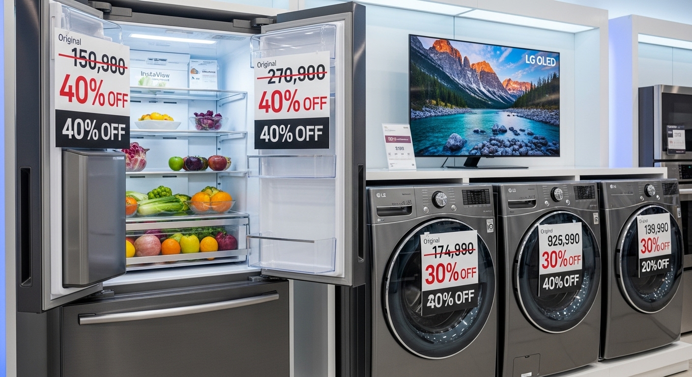 코스트코 11월 가전 세일: LG전자 냉장고, 세탁기, OLED TV 등 할인율이 표시된 인기 가전제품의 모습.
