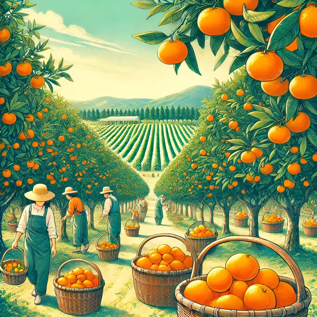 제주 귤밭에서 귤을 수확하는 사람들