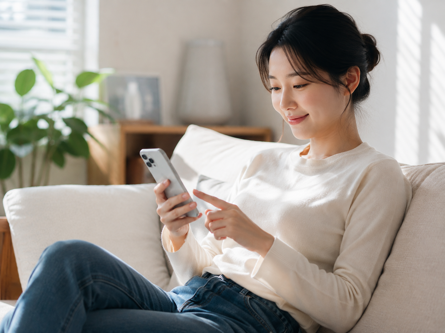 햇살 아래 소파에서 휴식하는 여성