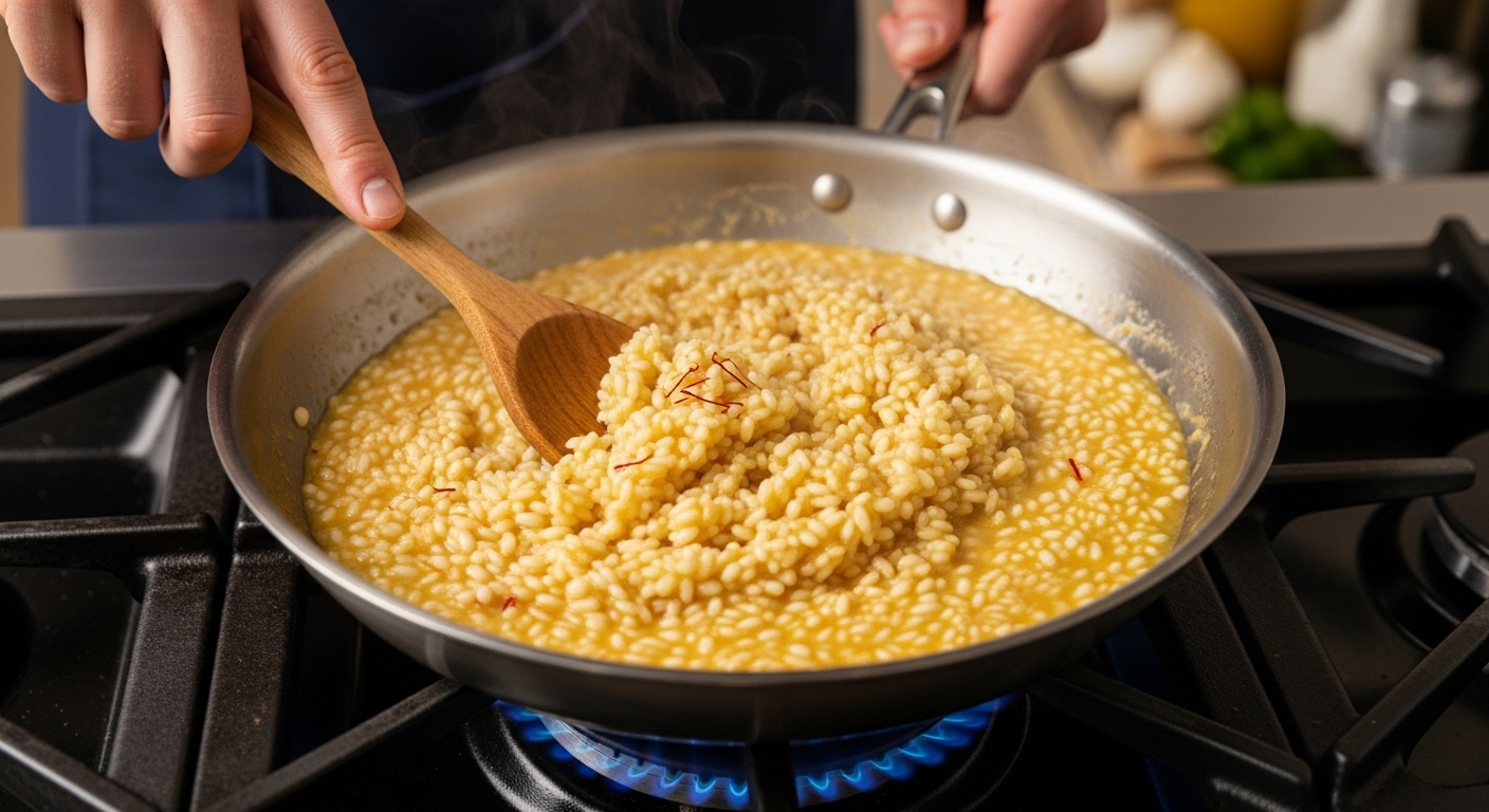따뜻하고 부드러운 샤프란 리조또가 냄비에서 조리되는 모습, 요리 중인 샤프란의 황금빛 색감.
