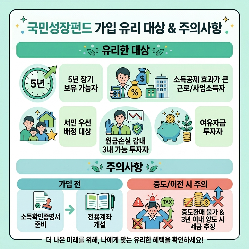 국민성장펀드 가입 시 유리한 대상|절세 효과 큰 사람과 주의할 사람 인포그래픽