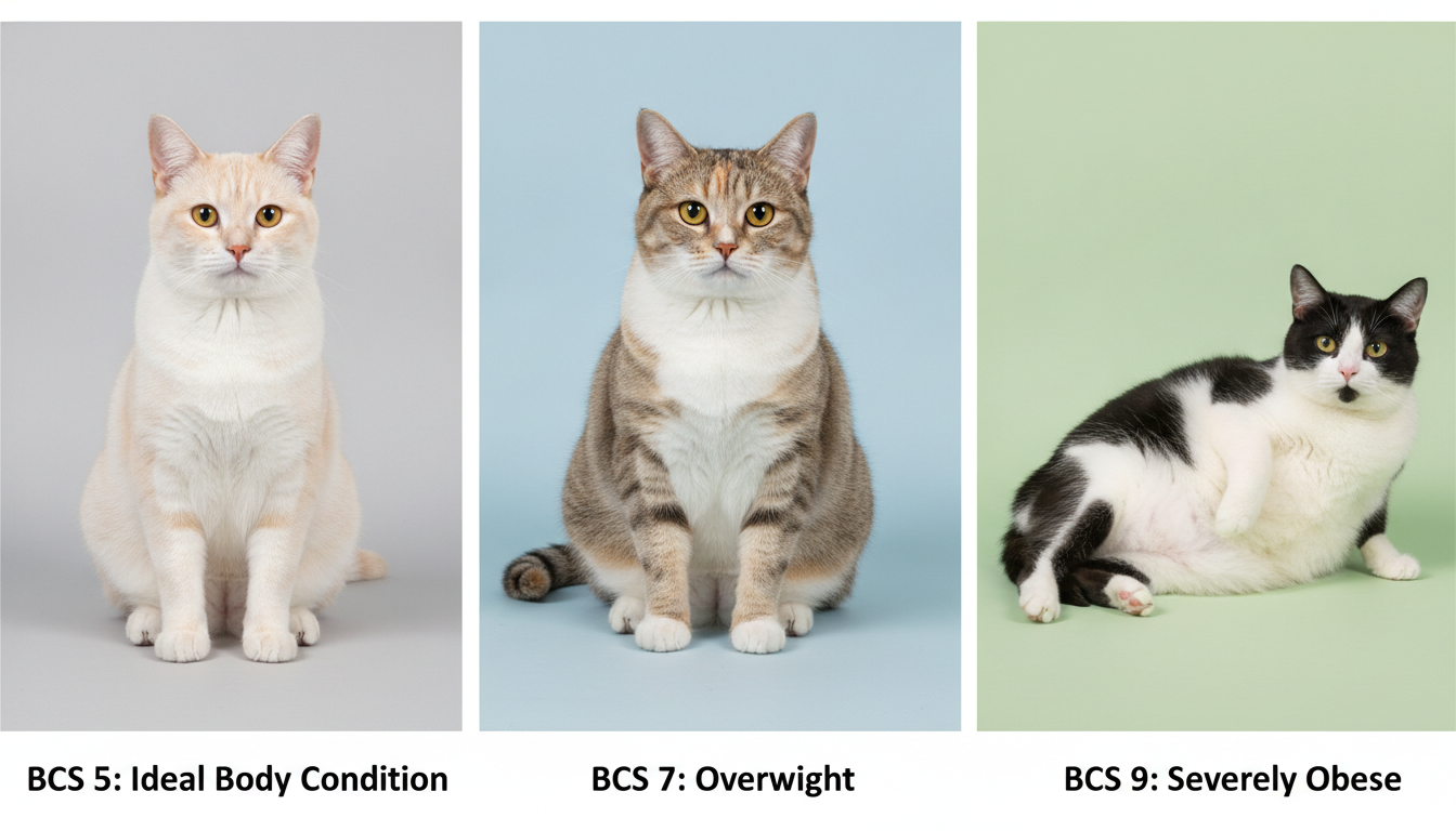 고양이 신체 충실도 점수(BCS) 5점(이상적), 7점(과체중), 9점(비만)을 비교하는 3분할 이미지.