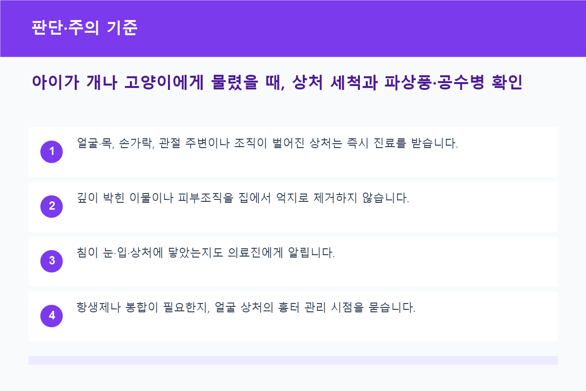 아이가 개나 고양이에게 물렸을 때, 상처 세척과 파상풍&middot;공수병 확인 판단&middot;주의 기준 정보 이미지