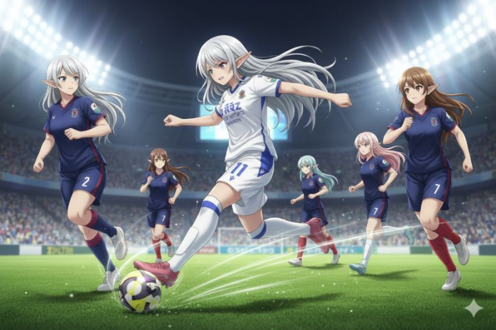 축구 경기장에서 축구하는 엘프들