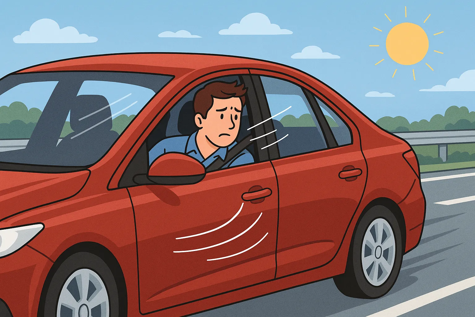 고속도로에서-창문을-열고-운전하는-남성의-모습-주행-중-공기-저항으로-인해-연비가-나빠지는-이유를-표현한-장면