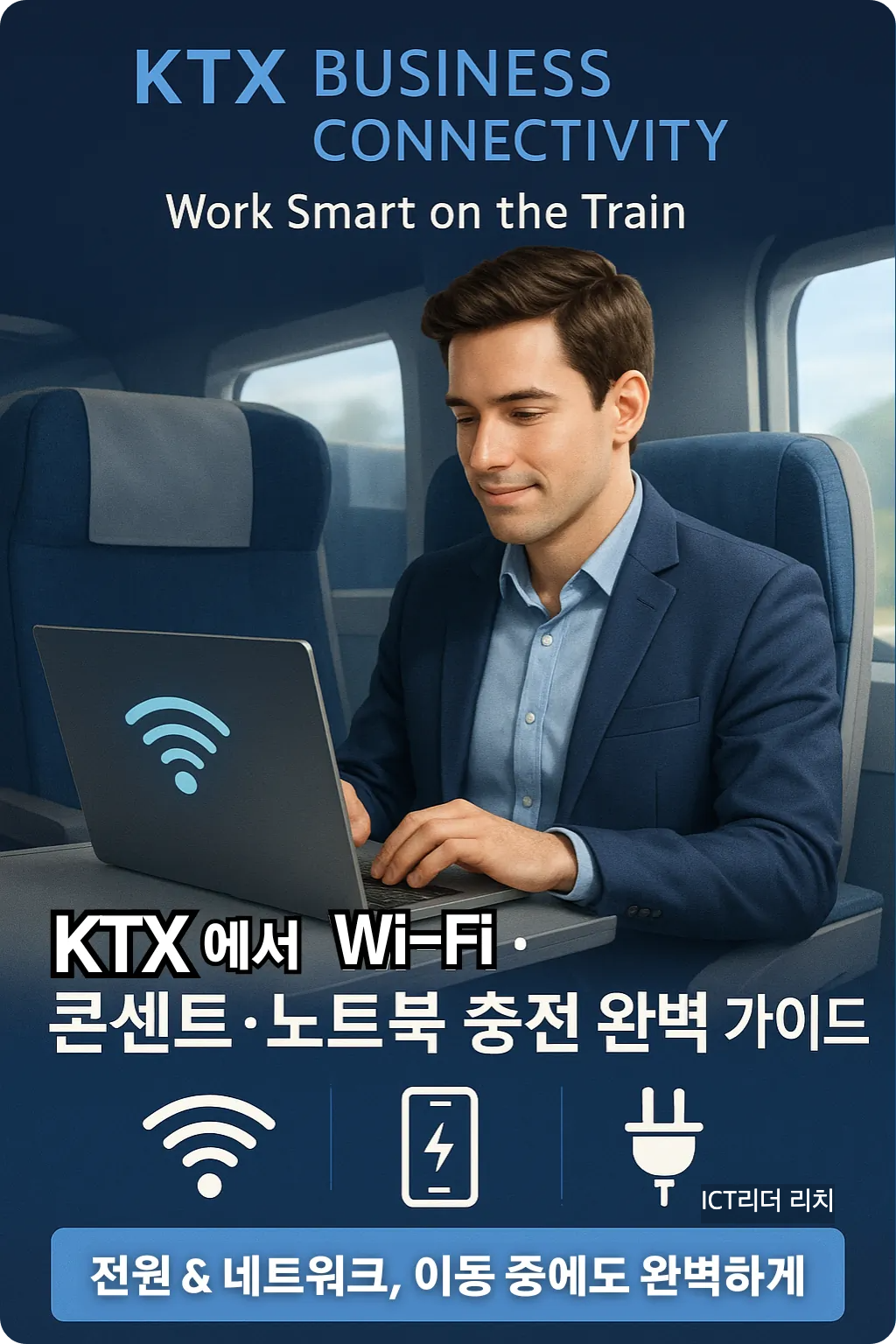 KTX 특실에서 노트북을 사용하며 Wi-Fi 신호를 확인하는 남성 인포그래픽