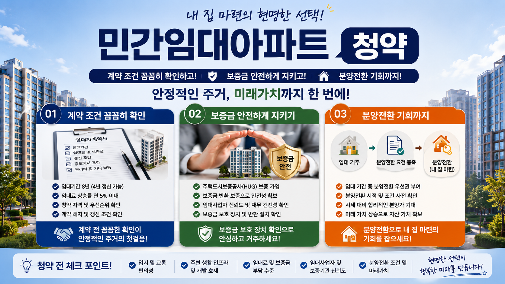 민간임대아파트 청약 시 반드시 확인해야 할 계약 조건, 보증금 보호 방법, 분양전환 가능성 및 청약 전 체크포인트를 한눈에 정리한 16대9 인포그래픽 이미지