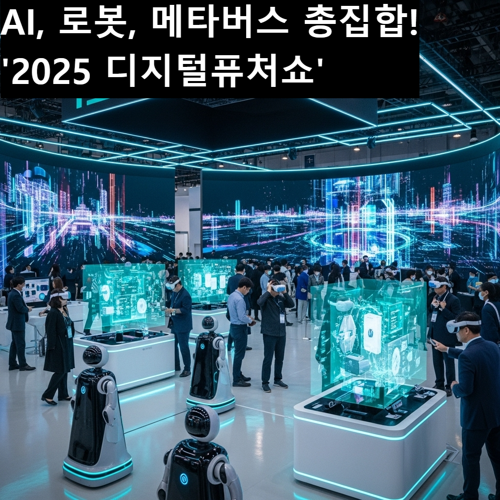2025 디지털퓨처쇼에 전시된 스마트 팩토리의 모습. 여러 대의 로봇 팔이 정밀하게 작업을 수행하며 생산 효율성을 극대화하는 장면을 보여준다.