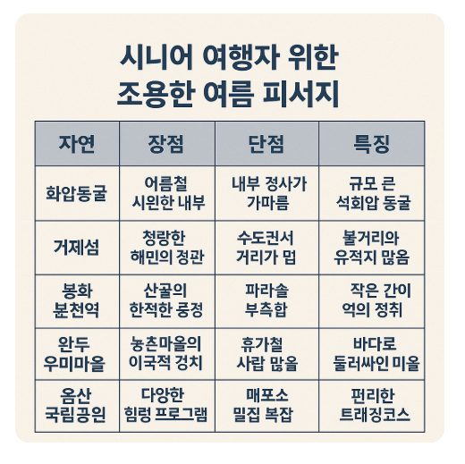 시니어 여행자 위한 조용한 여름 피서지 특징과 장단점을 표로 작성한 이미지